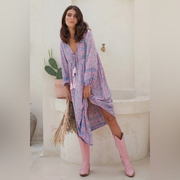 MAHLI The Label Neon Moon Boho Midi Dress In Berry Size S/M Coastal Cowgirl Glam - Picture 3 of 15